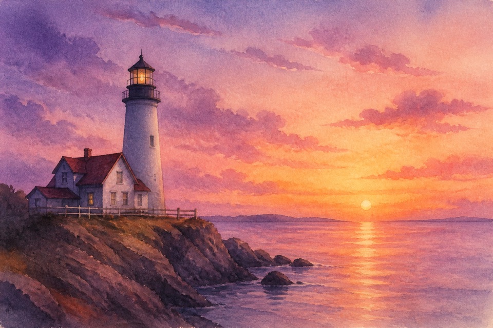 A lighthouse at dusk, painted in watercolour